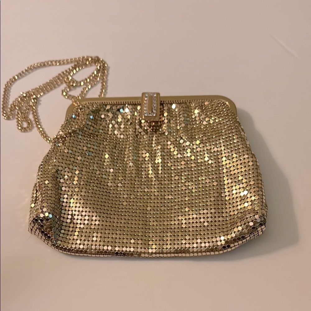 Vintage Whiting & Davis Gold Clutch with Chain Strap Rhinestone Clasp